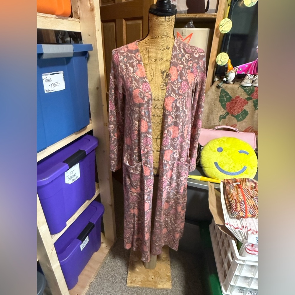 LuLaRoe Sarah Long Striped Cardigan in Beige and Cream with Subtle Taupe